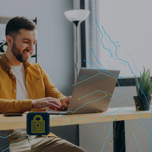 A smiling man working on a laptop with a digital padlock and network graphics overlay.