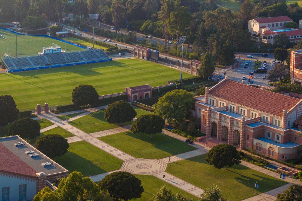 An aerial photo of a college campus