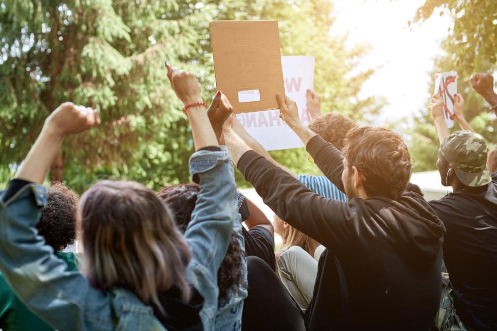 Students on campus having a demonstration