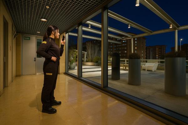 Nightshift Hotel Security A Prosegur security officer on a patrol around a hotel property at night