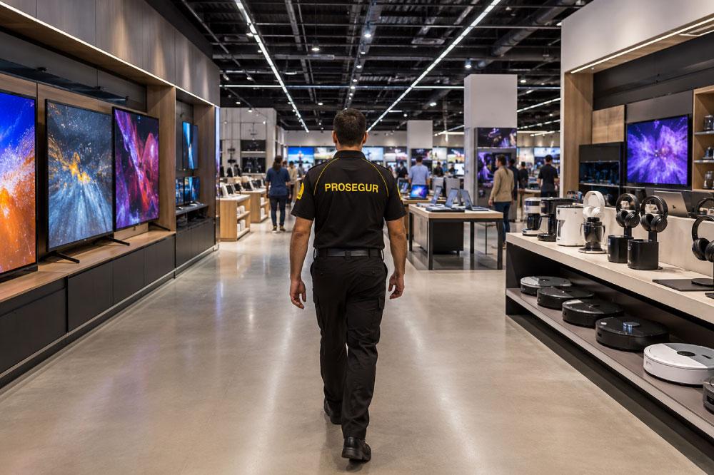 A Prosegur security guard on patrol in a retail store