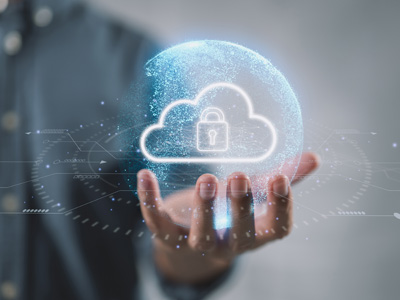 Hand holding a cloud database with a security lock