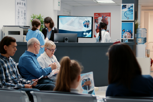 A few patients inside a hospital lobby